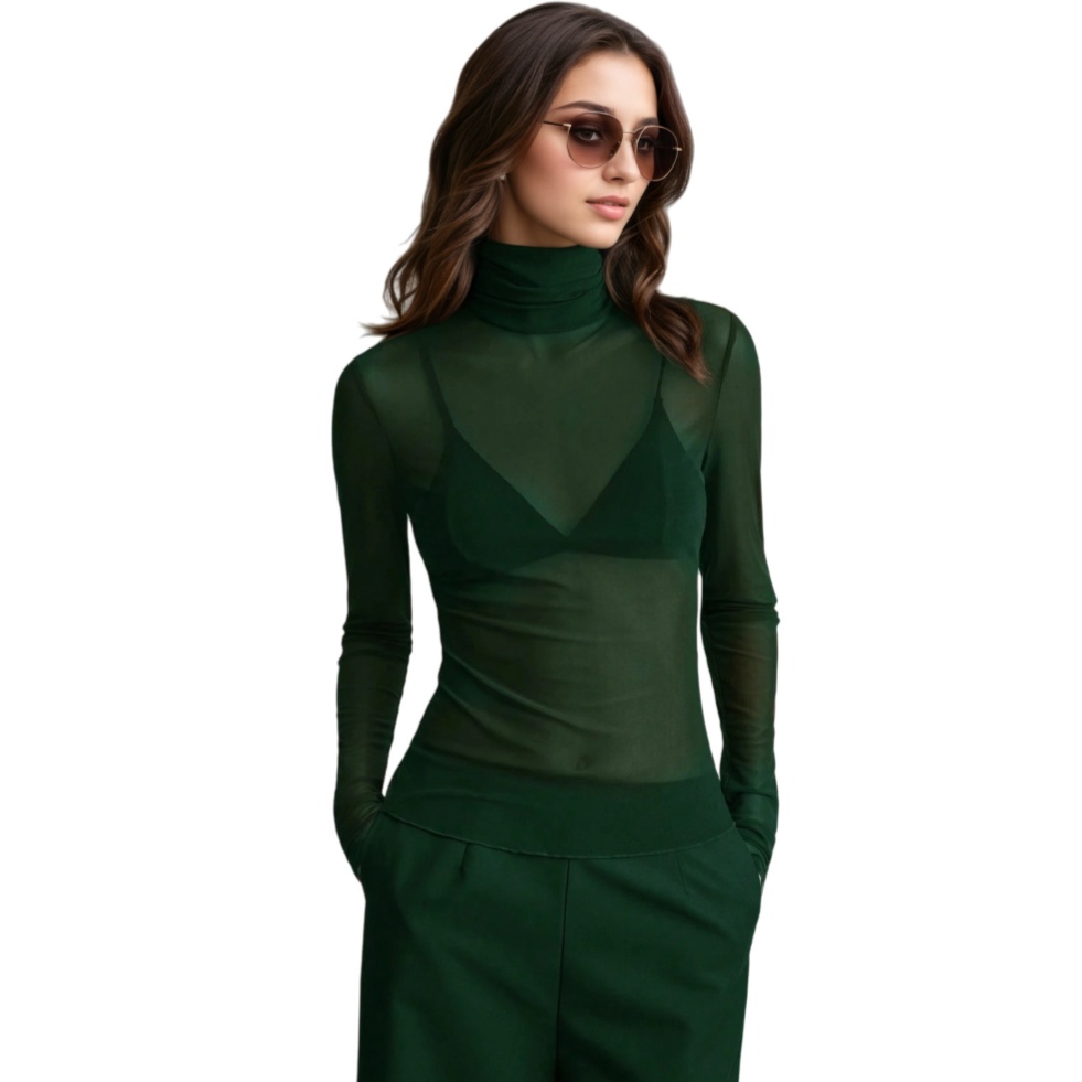 Womens Elegant Turtleneck Mesh Top Sexy Long Sleeve Semi-Sheer Slim T-shirts